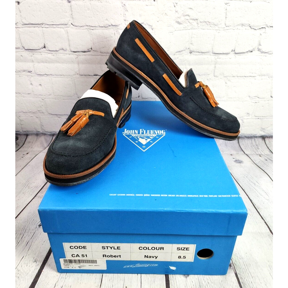 John Fluevog Shoes Men's 8.5 Robert Navy Suede Casual Dress Tassle Loafers